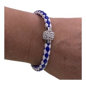 7” Royal Blue White Faux Braided Leather Rhinestone Magnetic Bangle Bracelet
